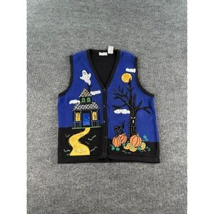 White Stag Halloween Knit Zip Up Vest Women XL Black Cat Pumpkin Ghost 90s